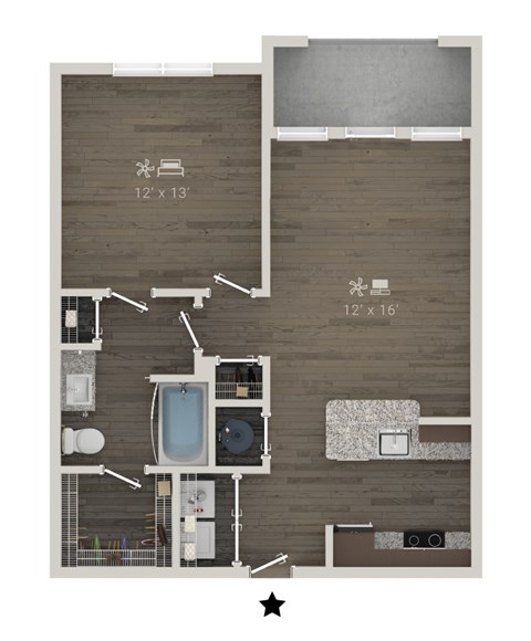 Floor plan for 1 bed, 1 bath, 729 sqft
